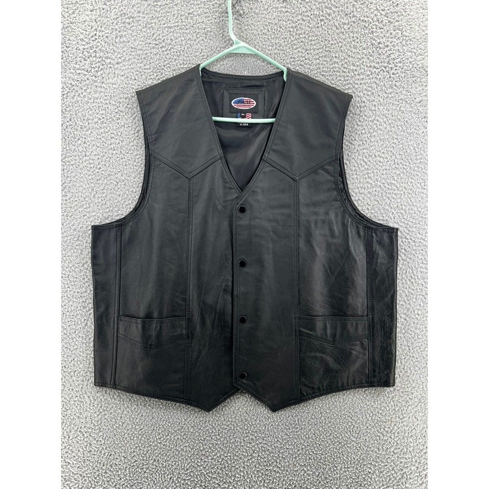 USMC Leather Black Biker Motorcycle Vest Snap Button Western Yoke Men's XL READ